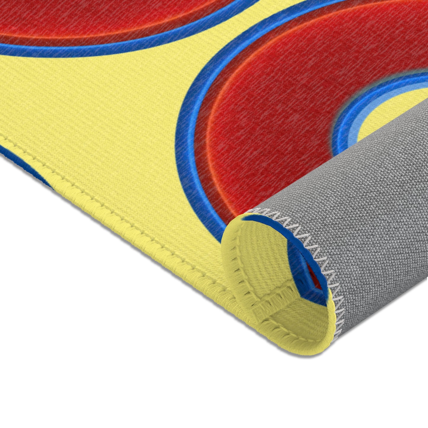 Lumpy Donut Print Rug - choice of 3 sizes - vivid red donut print w/yellow background