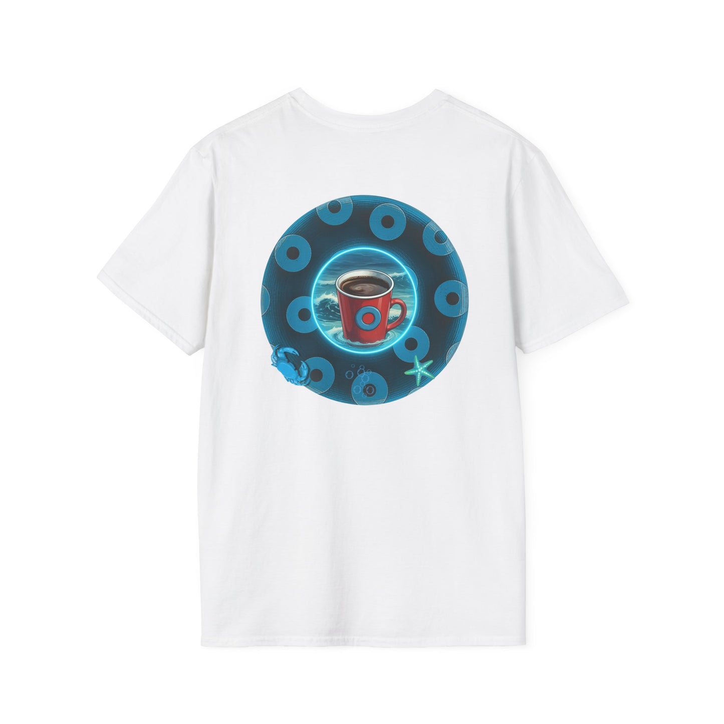 Lumpy Coffee Traders Tee - Unisex Soft-Style - "Good to Last Leaky Drop" - paradoxical ocean donut - variant 1 - logo front/coffee back