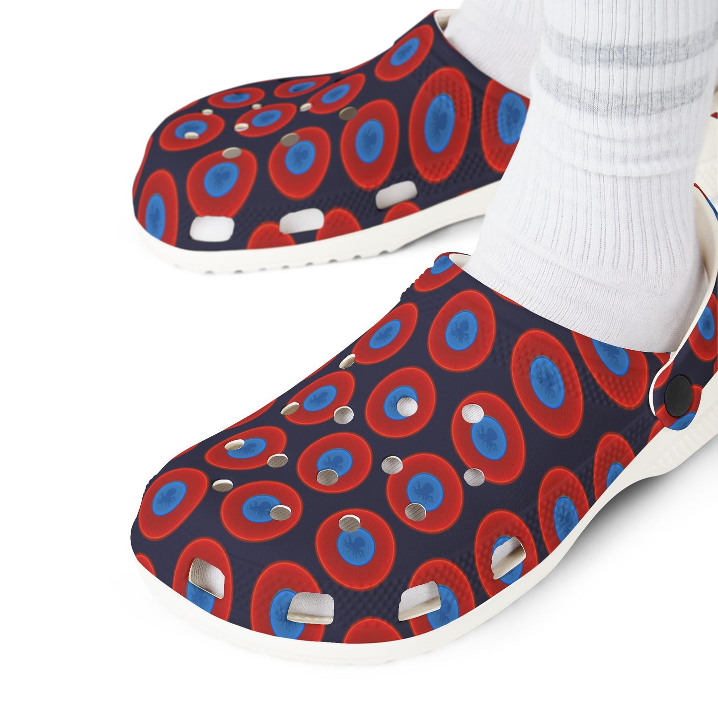 Spatchcocks - donut slip-on shoes - "Roger Moore's Octopussy Donut" - red vivid donuts w/midnight blue background [unisex]