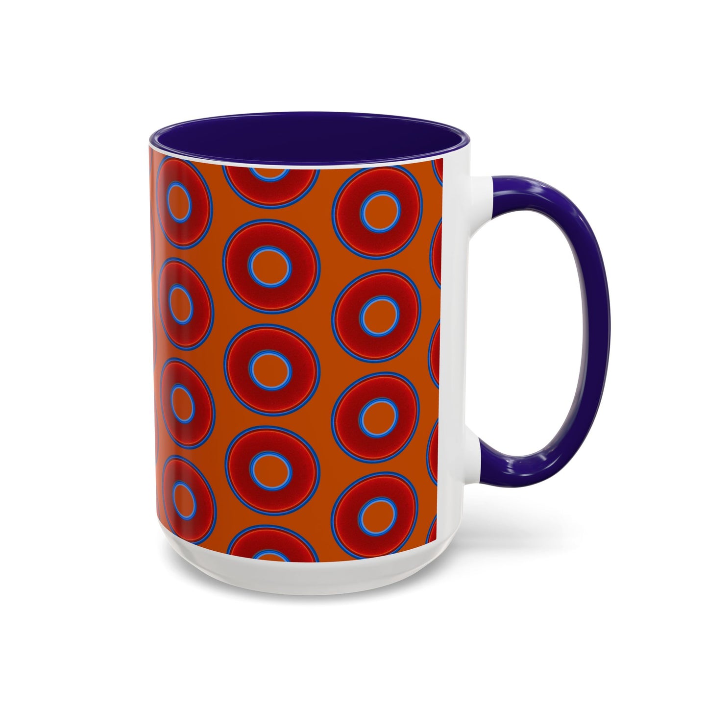 Lump's Grumpy Coffee Mug - vivid red donuts w/dark orange background