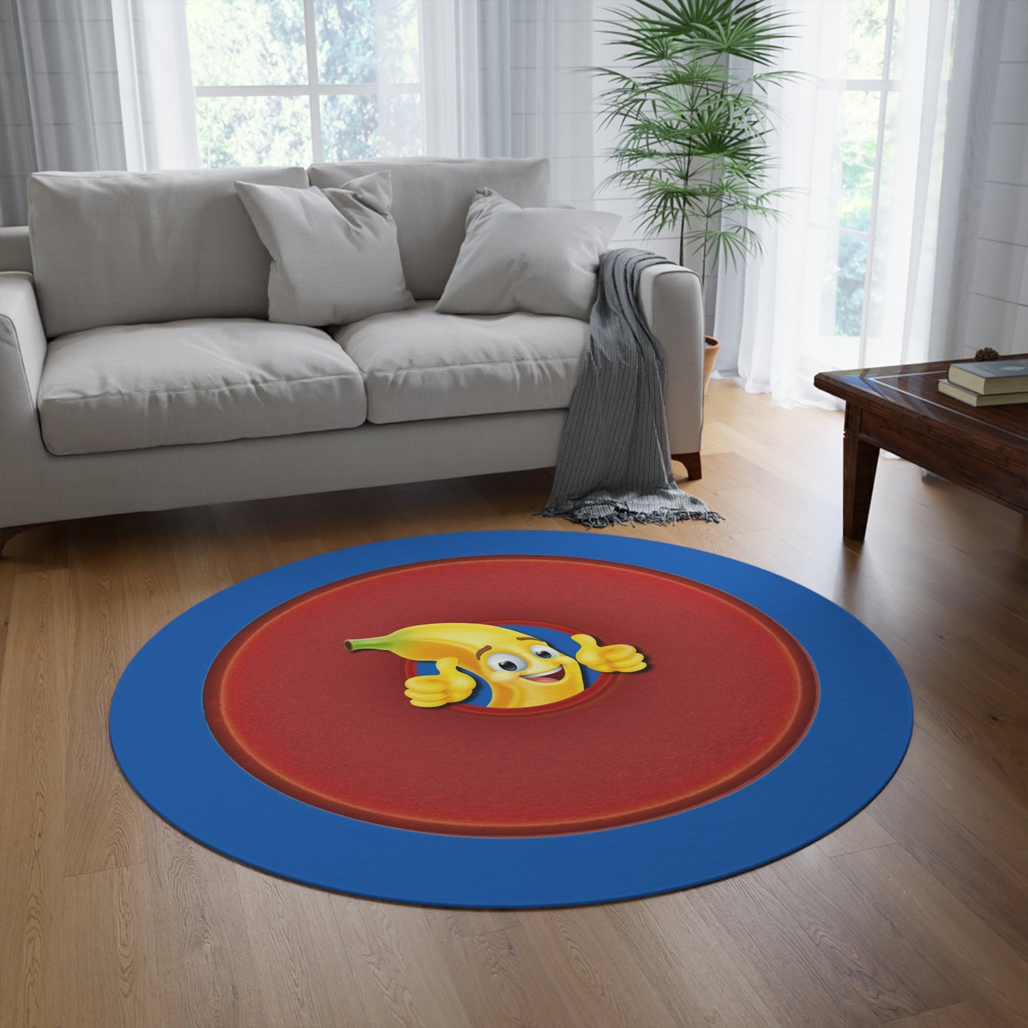 Round Room - 5 ft x 5 ft Lumpy Donut Rug - "Banana Bread Donut " - vivid red donut w/dark royal blue background - variant 6