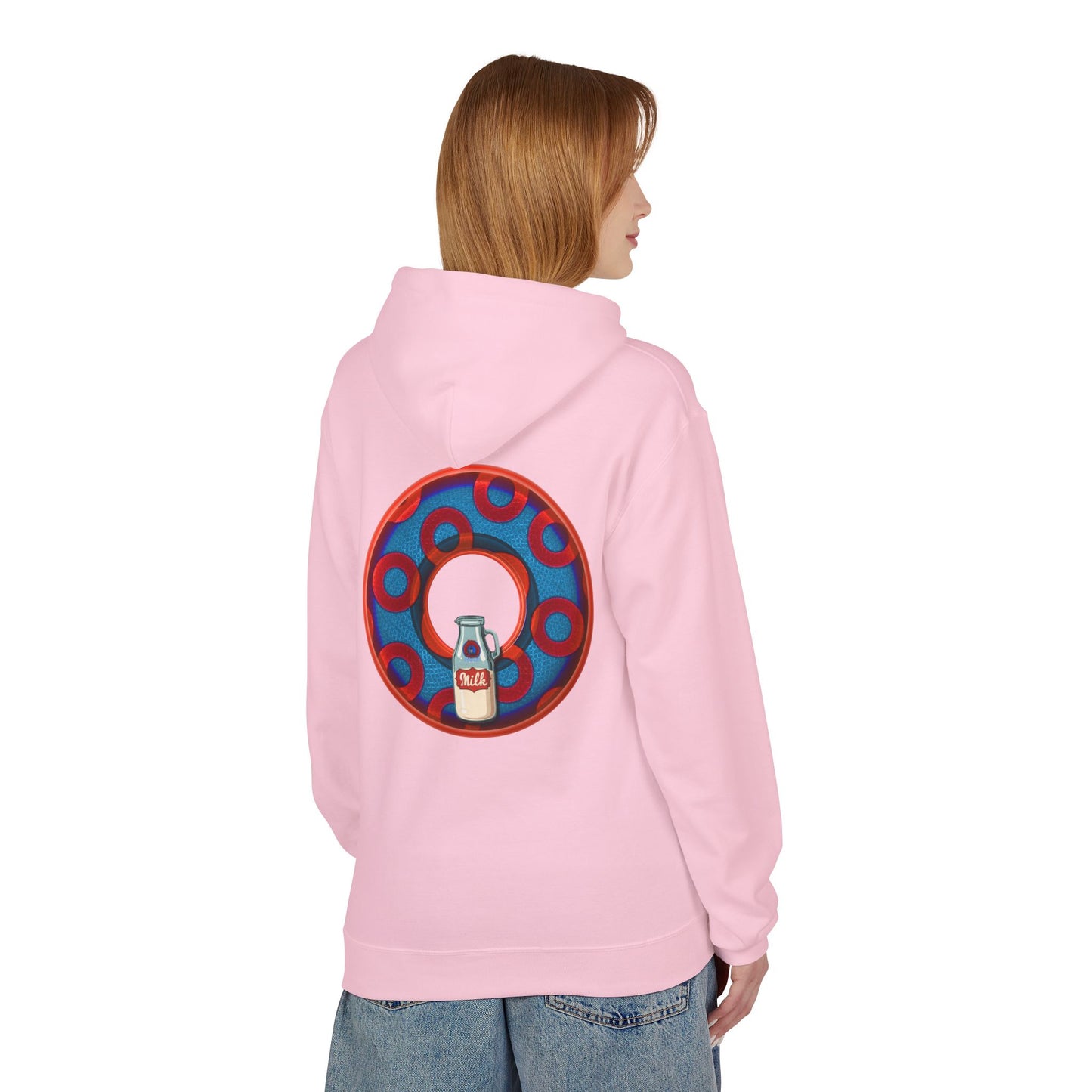 Fleece Harry Hoodies [Midweight Soft-style] - "Wooked Cream Dairy - YEMSG Donut" - blue/red rustic paradox donut - variant 1