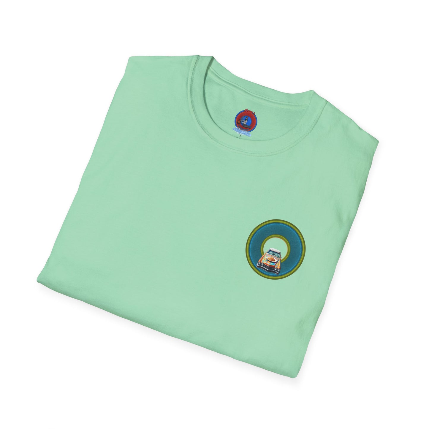 Classic Donut Tee - Unisex Soft-Style - "Cadillac Rainbow Spaghetti Incident" - series 1.0  - variant 1 - blue/green donut