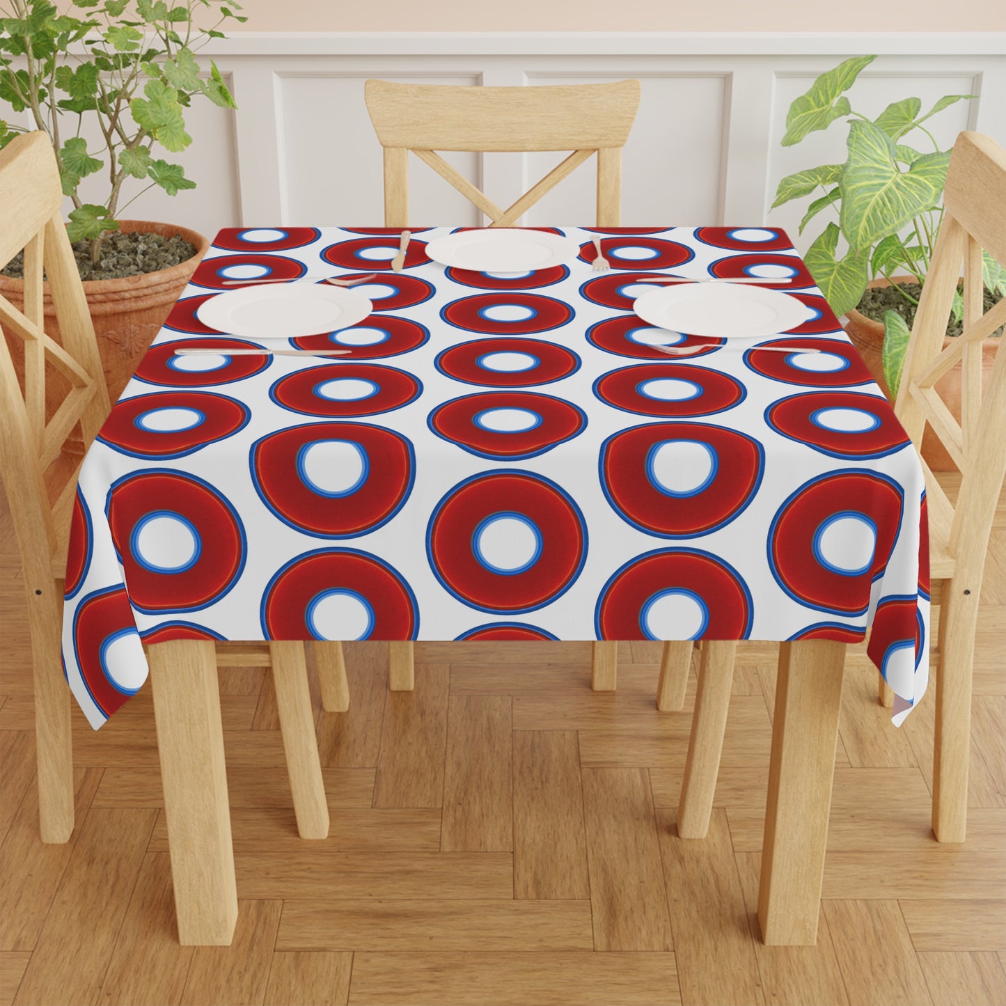 Lumpy Tablecloth - 55.1" x 55.1" - vivid red donuts w/white background