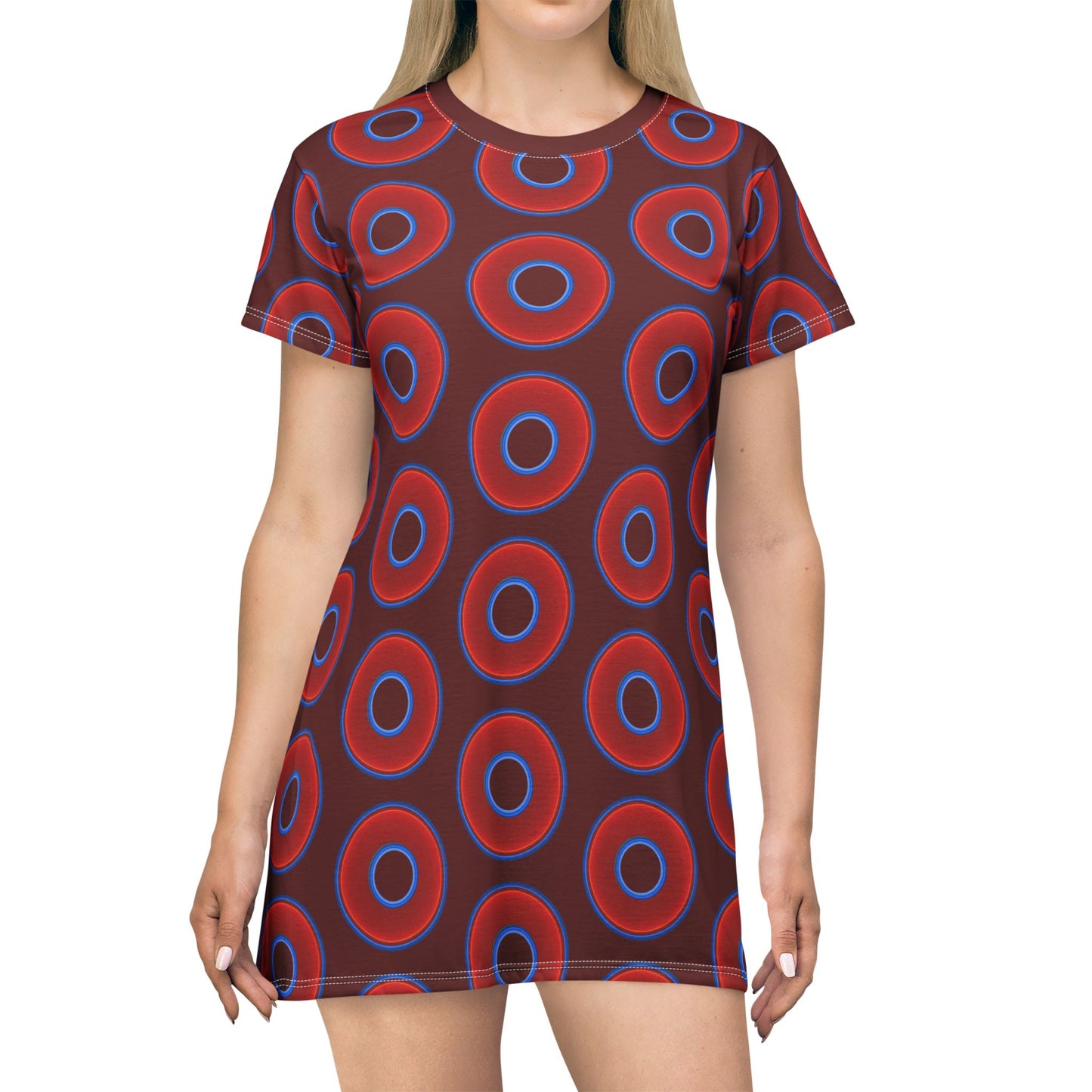 Not a Muumuu AOP Tee Shirt Dress - red vivid donuts w/dark red background