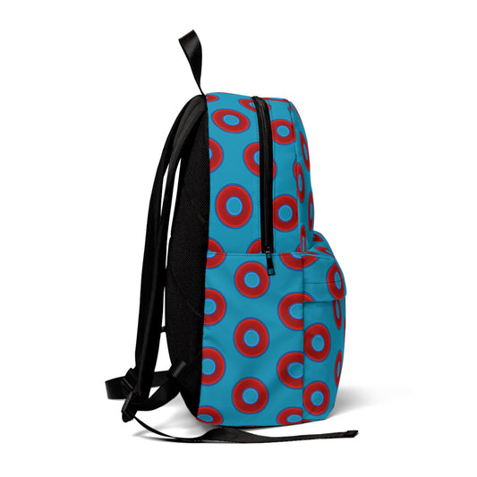 Donut Backpack - red vivid donuts w/aquamarine blue background