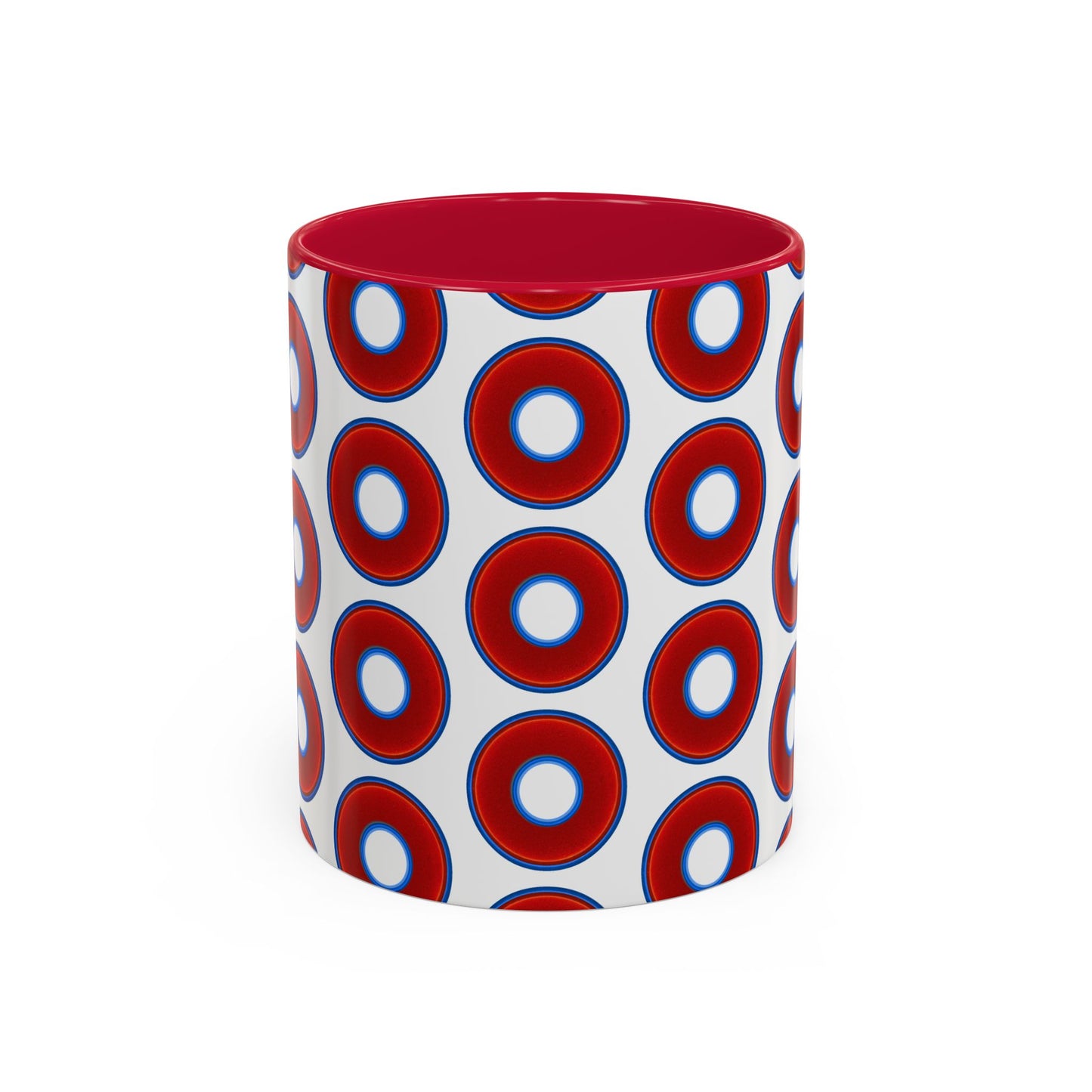 Lump's Grumpy Coffee Mug - vivid red donuts w/white background