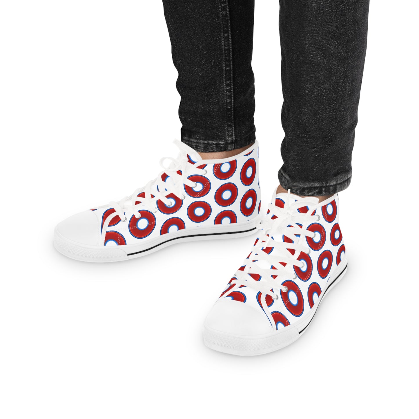 Men's High Top Chucks - large vivid red donut print w/white background