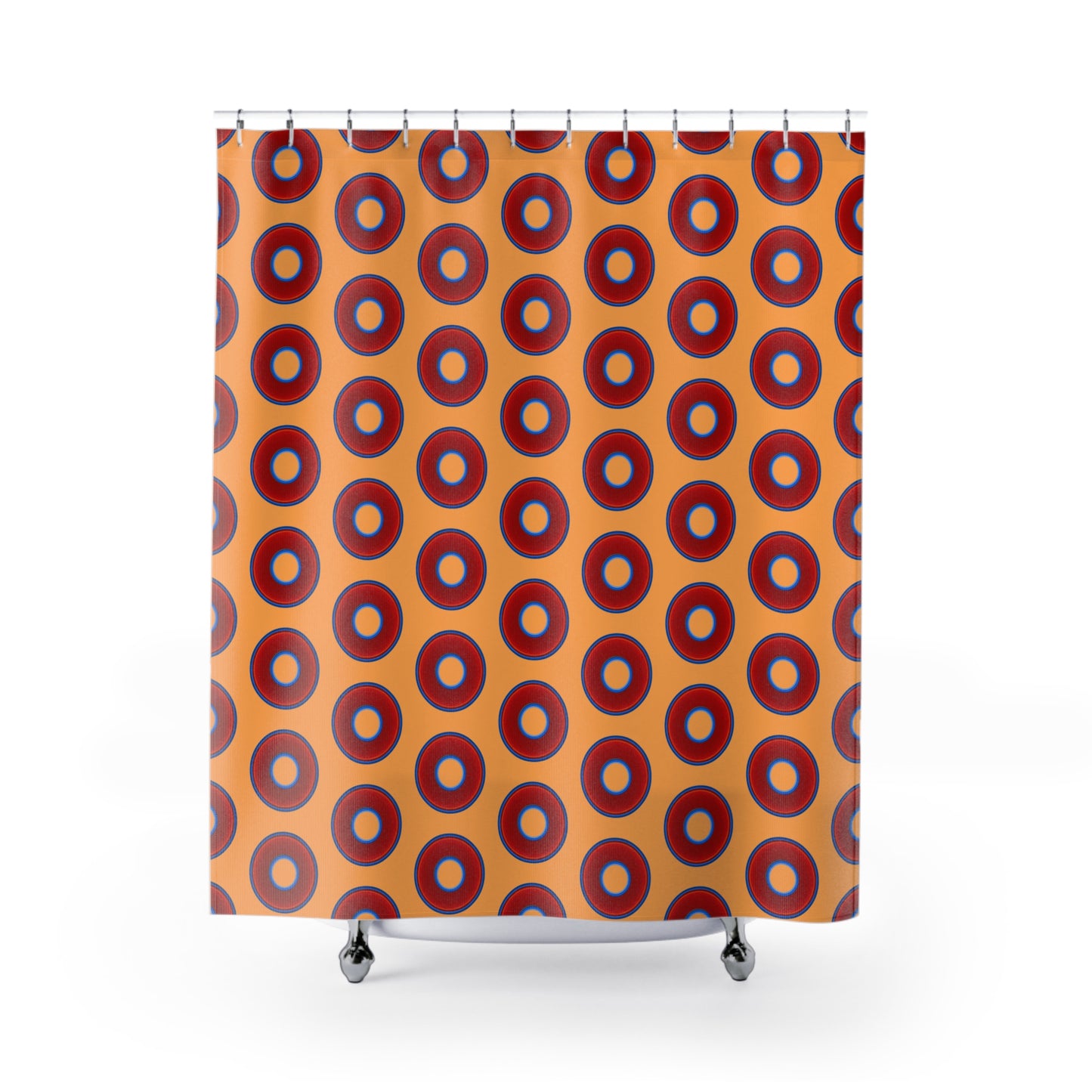 The Curtain With "Donuts" - Lumpy Bath Time Fun - vivid red donuts w/creamsicle orange background