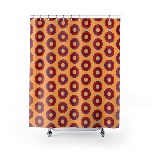 The Curtain With "Donuts" - Lumpy Bath Time Fun - vivid red donuts w/creamsicle orange background