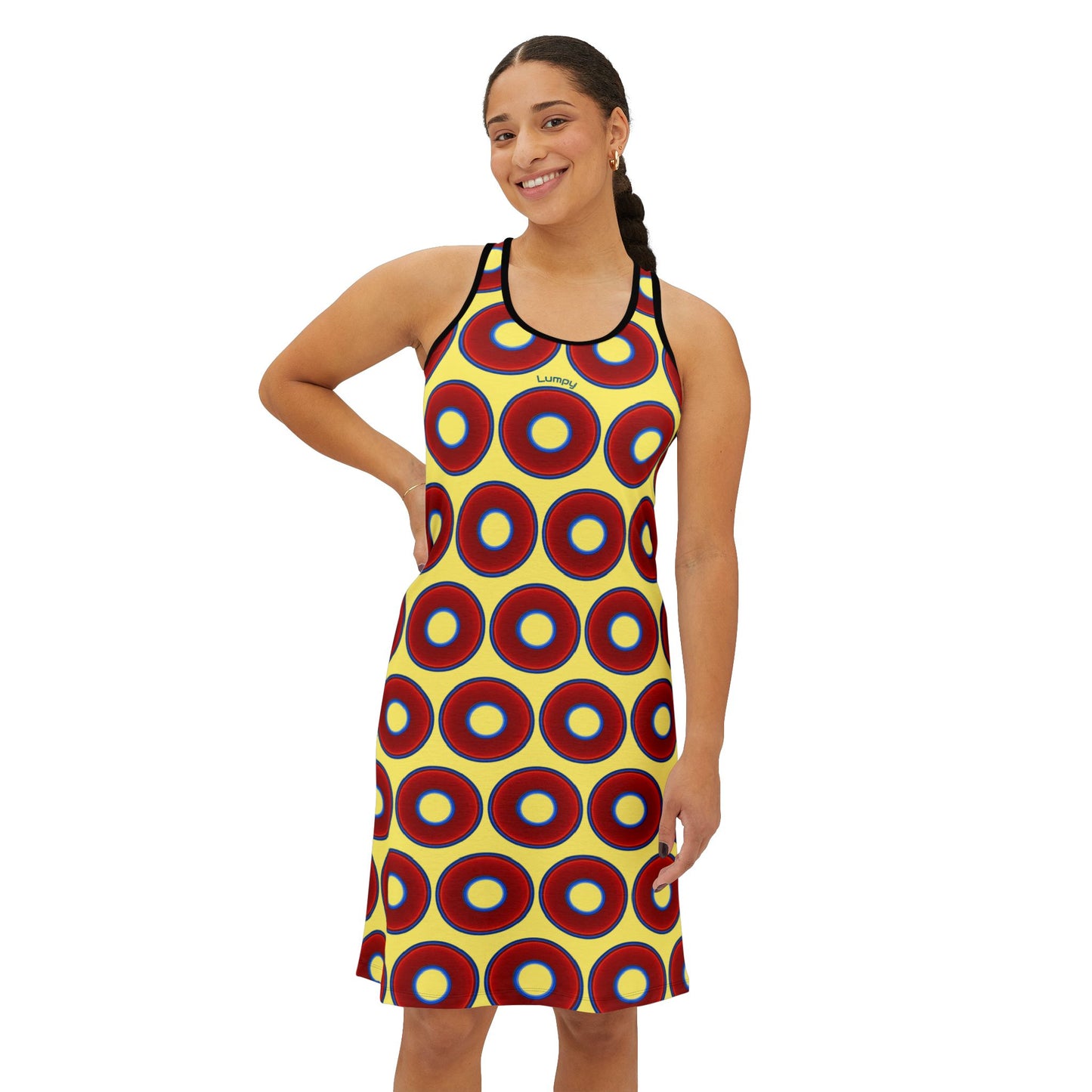 Tela's Lumpy Racerback Donut Dress - red vivid donut print w/yellow background