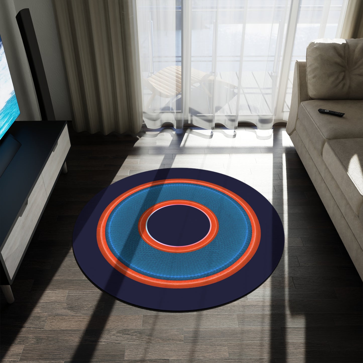 Round Room - 5 ft x 5 ft Lumpy Donut Rug - "Plain Donut" - rustic blue/light red donut w/navy background