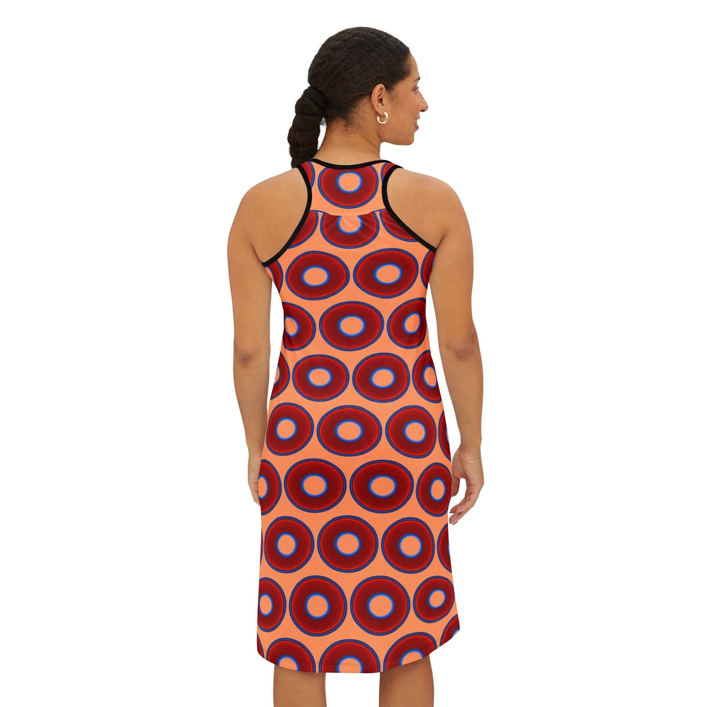 Tela's Lumpy Racerback Donut Dress - red vivid donut print w/peach background