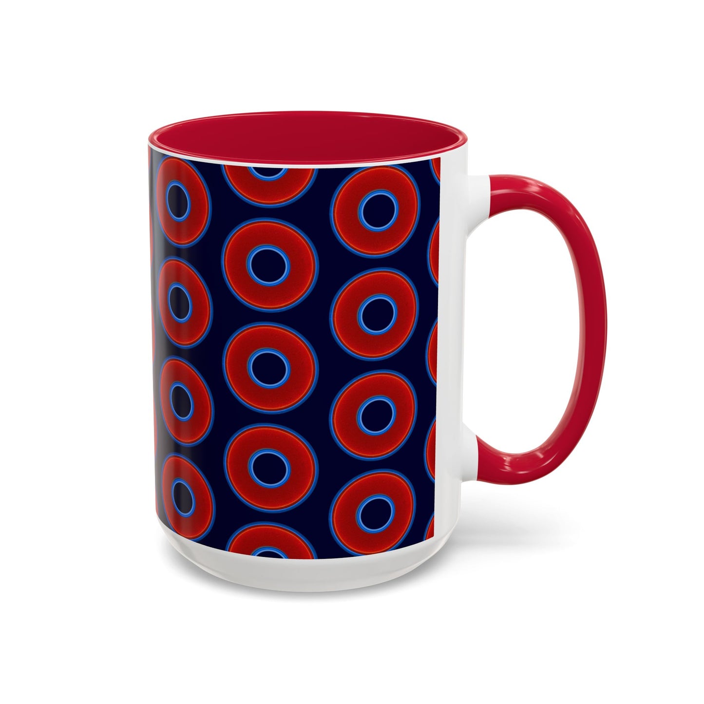 Lump's Grumpy Coffee Mug - vivid red donuts w/midnight blue background