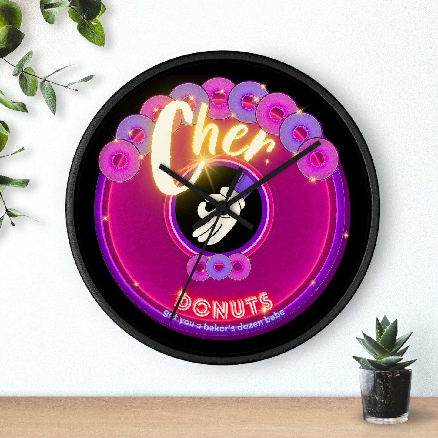 Lumpy Wall Clock - "Cher-ing is Caring Clock" - variant 2 - magenta vivid donut w/black background [*charitable donut]