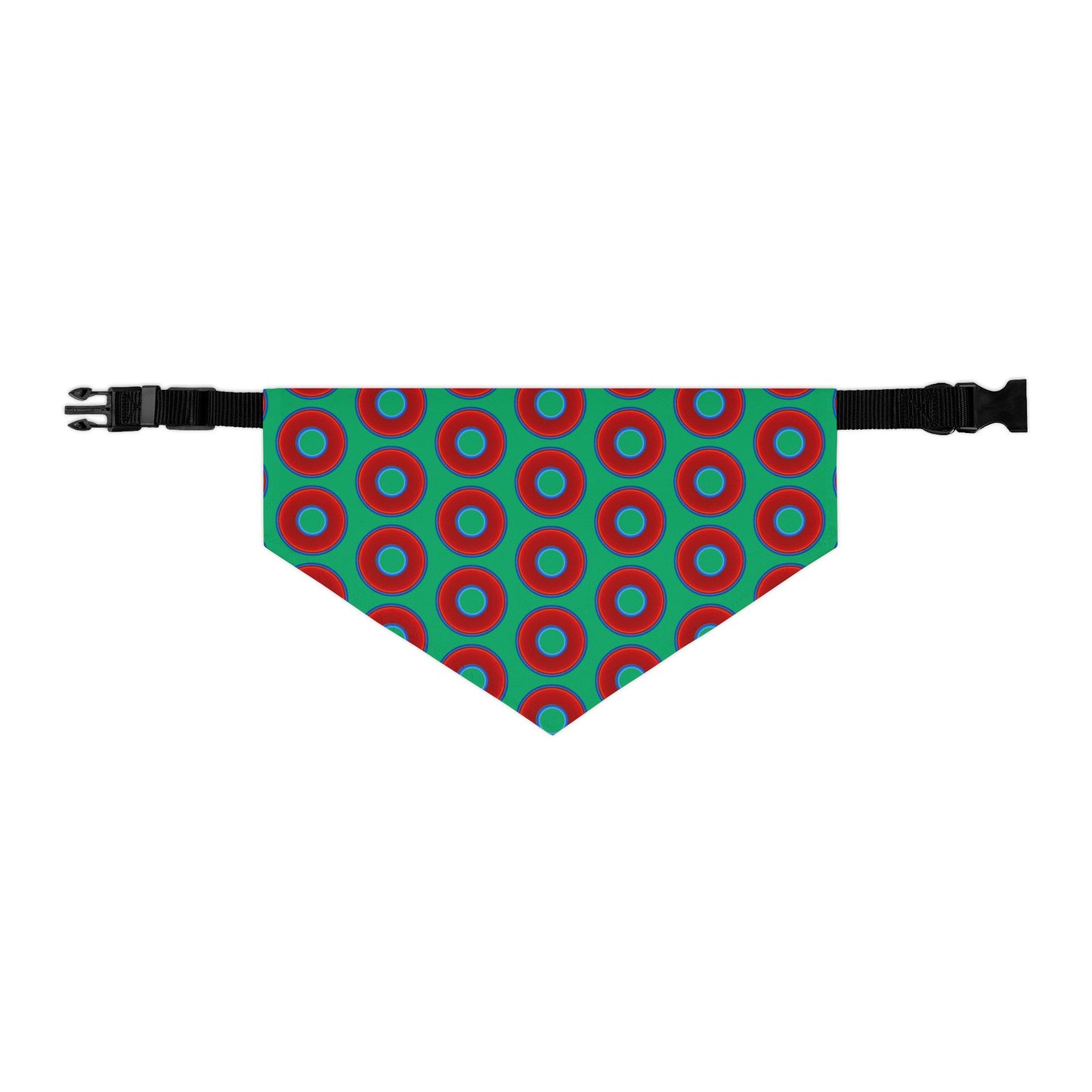 Jim's Lumpy Bandana Pet Collar - vivid red donuts w/jade green background