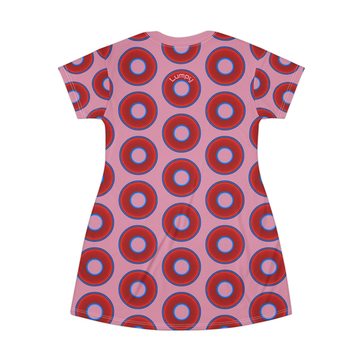 Not a Muumuu AOP Tee Shirt Dress - red vivid donuts w/pale magenta background