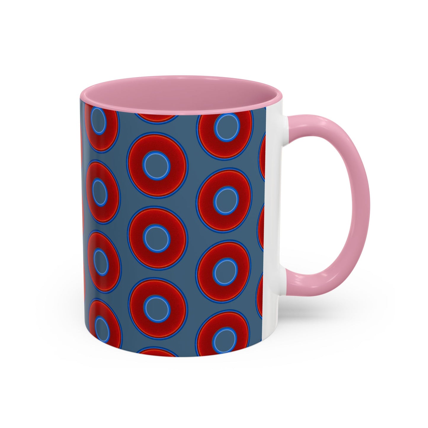 Lump's Grumpy Coffee Mug - vivid red donuts w/steel blue background