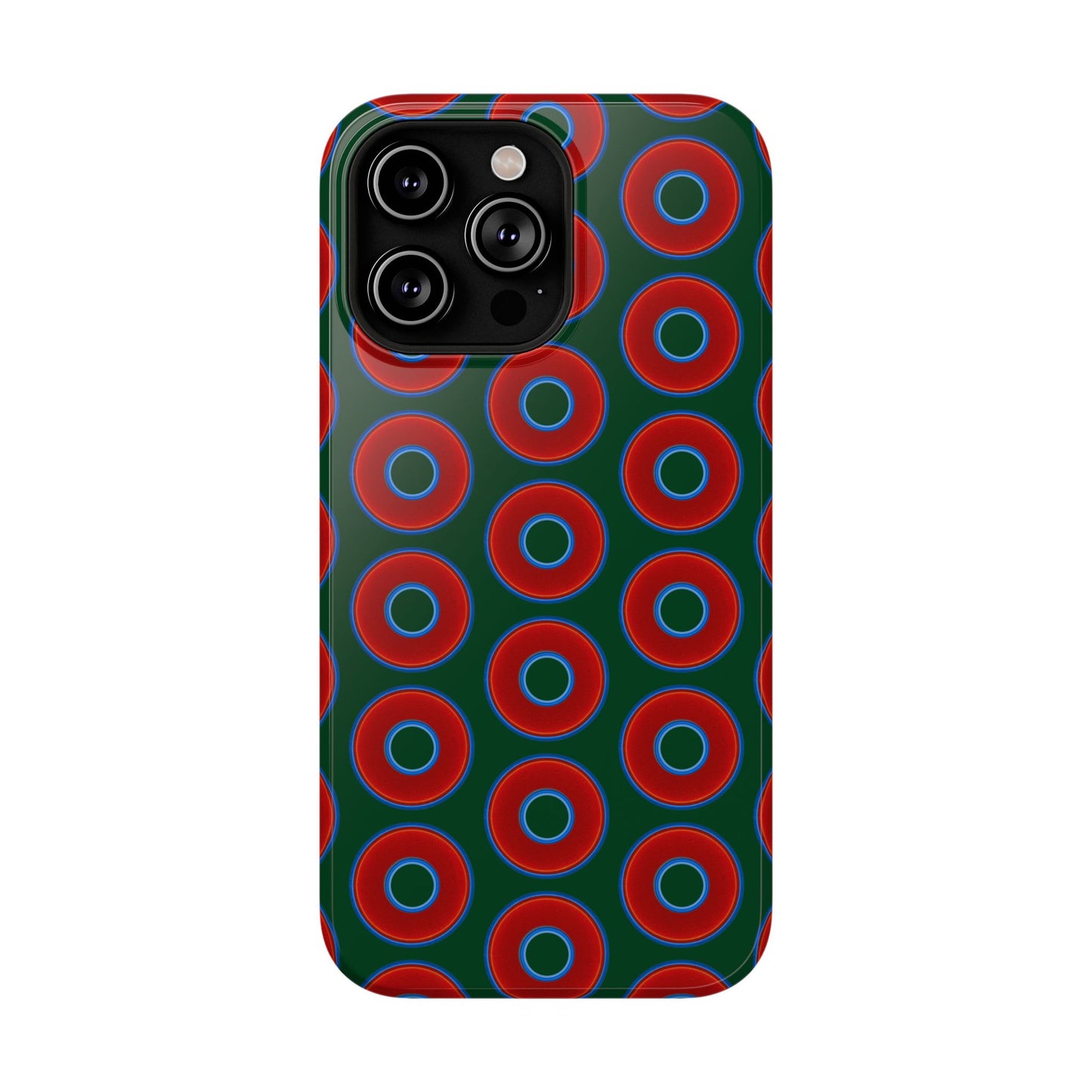 Impact-Resistant Lumpy Donut Case - red vivid donut print w/dark pond green background