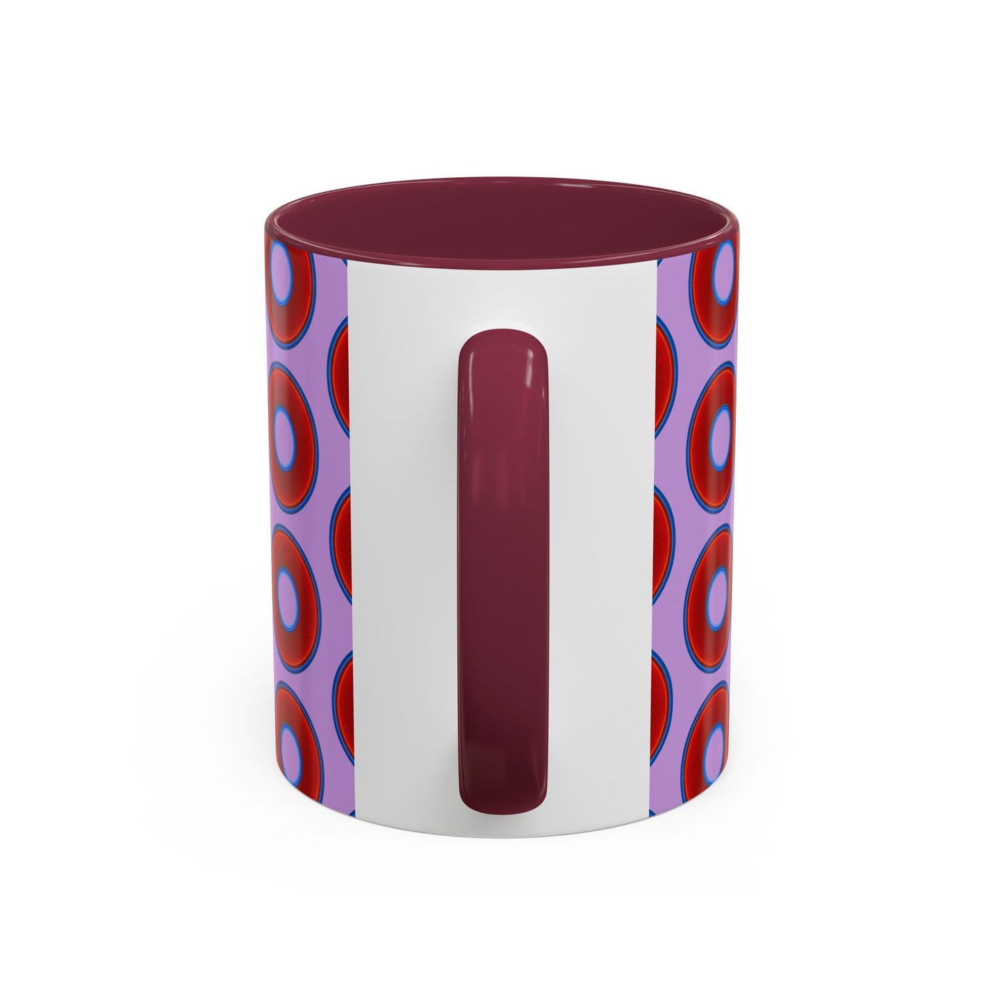 Lump's Grumpy Coffee Mug - vivid red donuts w/wisteria purple background