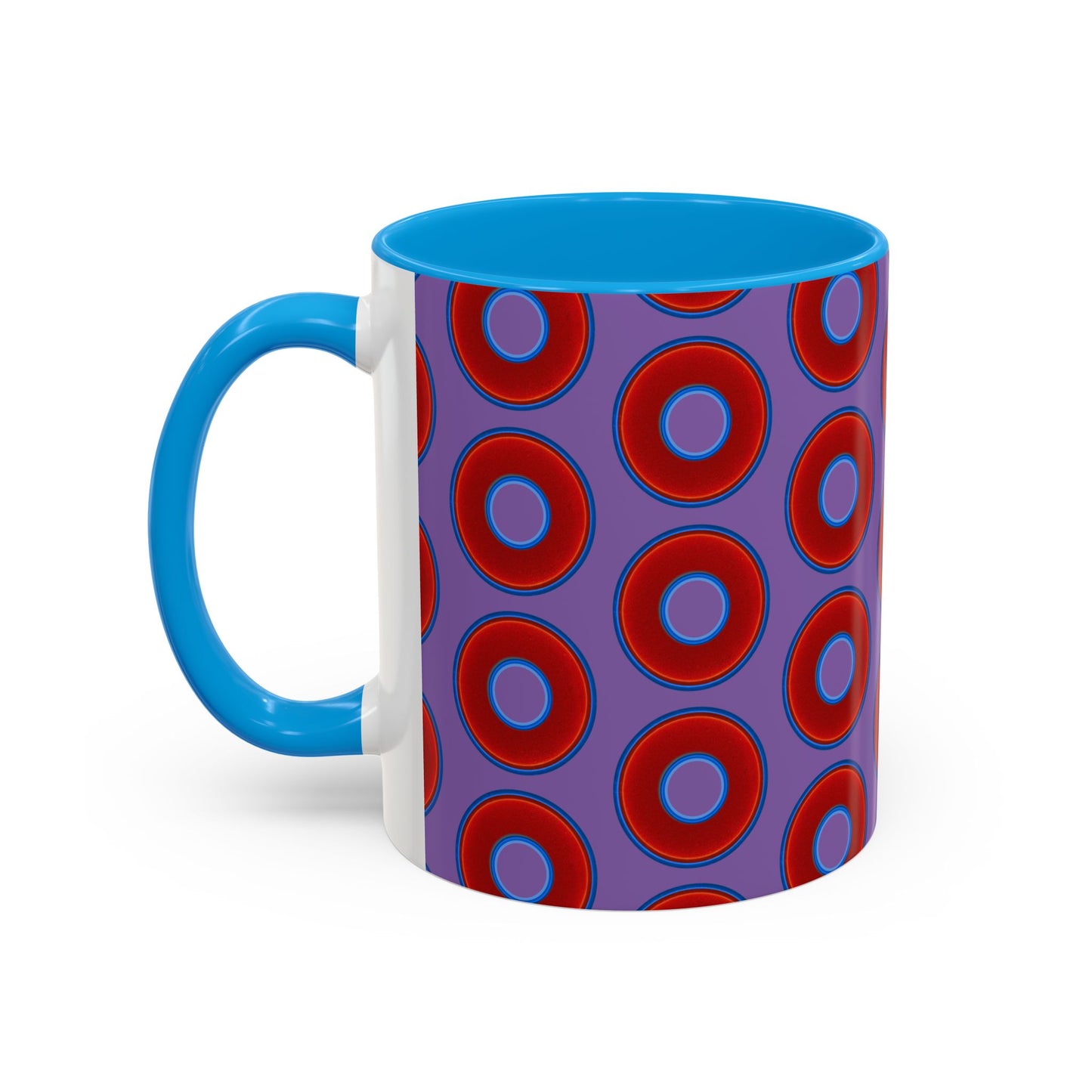 Lump's Grumpy Coffee Mug - vivid red donuts w/light purple background