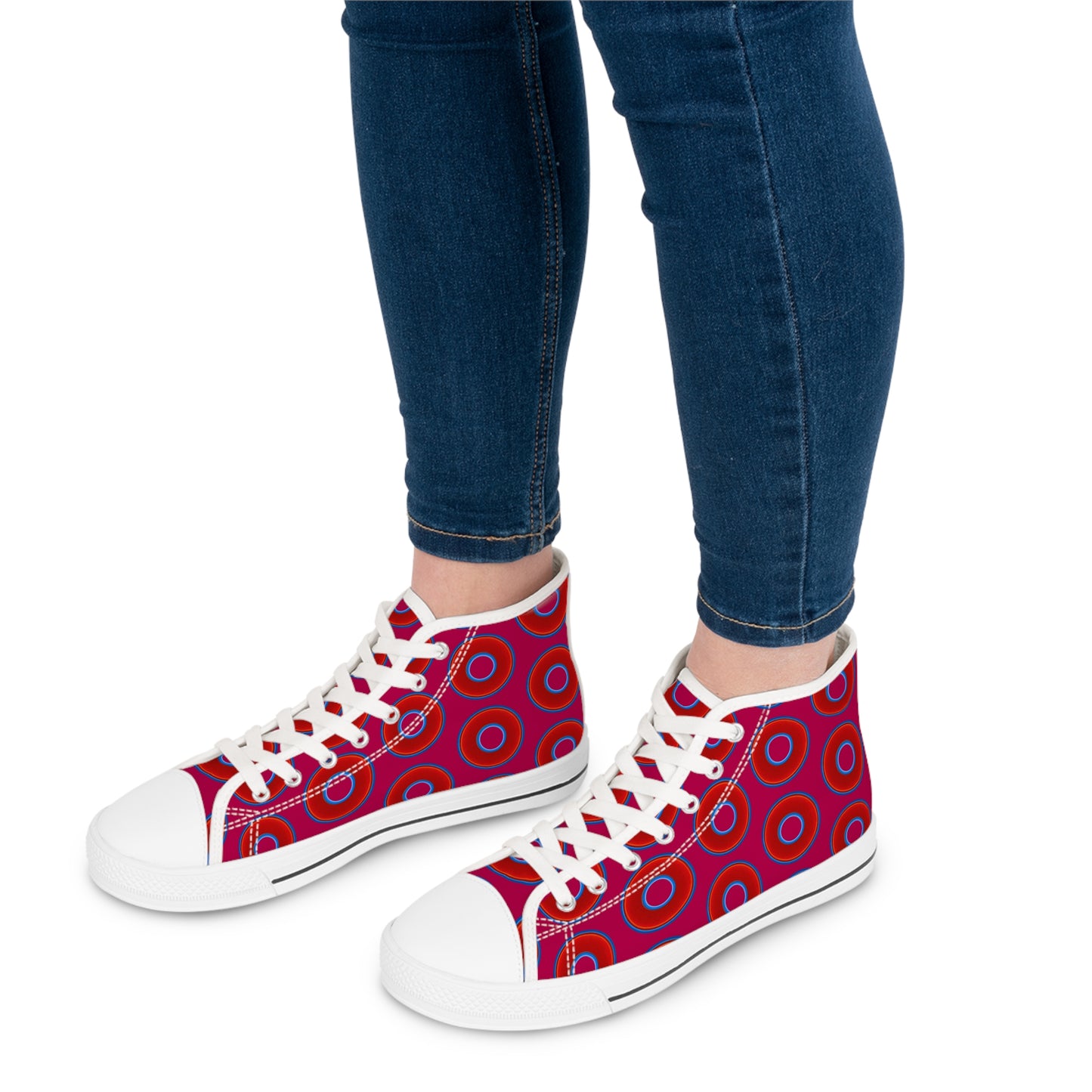 Women's High Top Chuck Taylors - large vivid red donut print w/dark magenta background