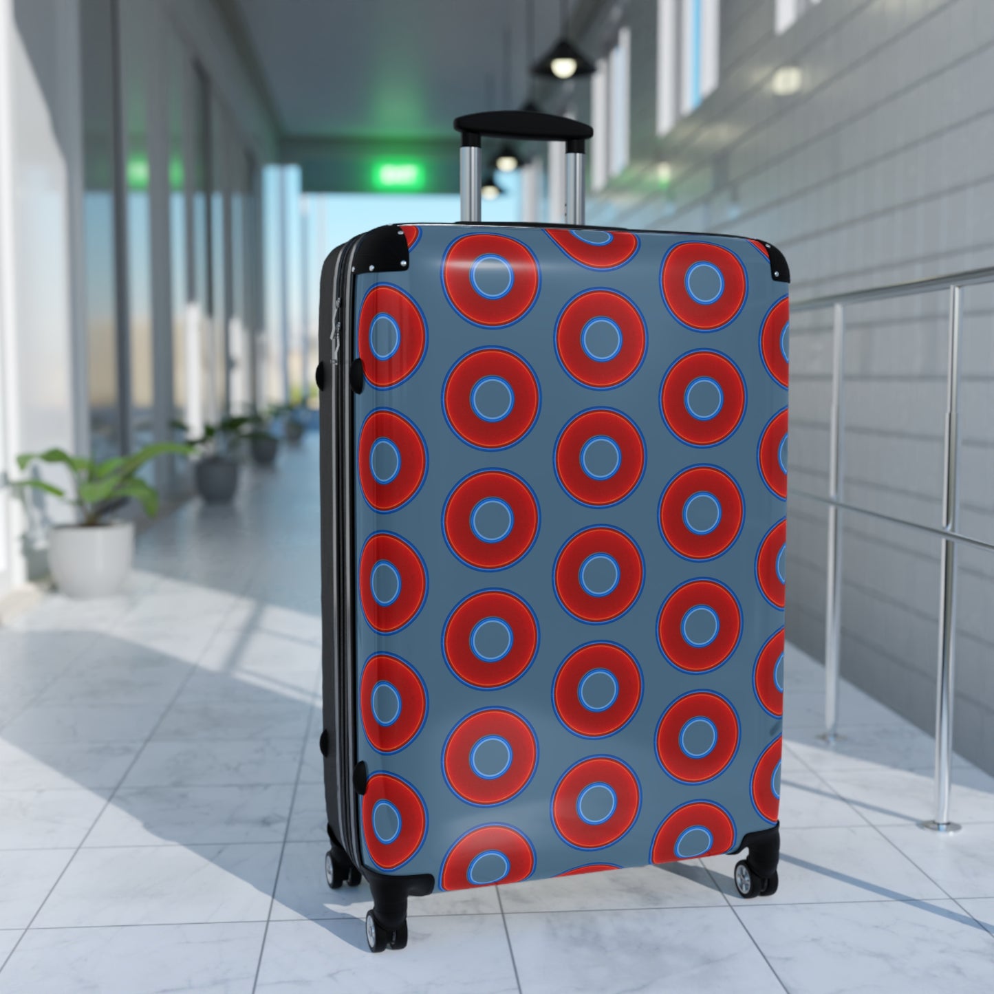 The Very Lumpy Donut Suitcase series - your choice of S, M or L - vivid red donut print w/steel blue background