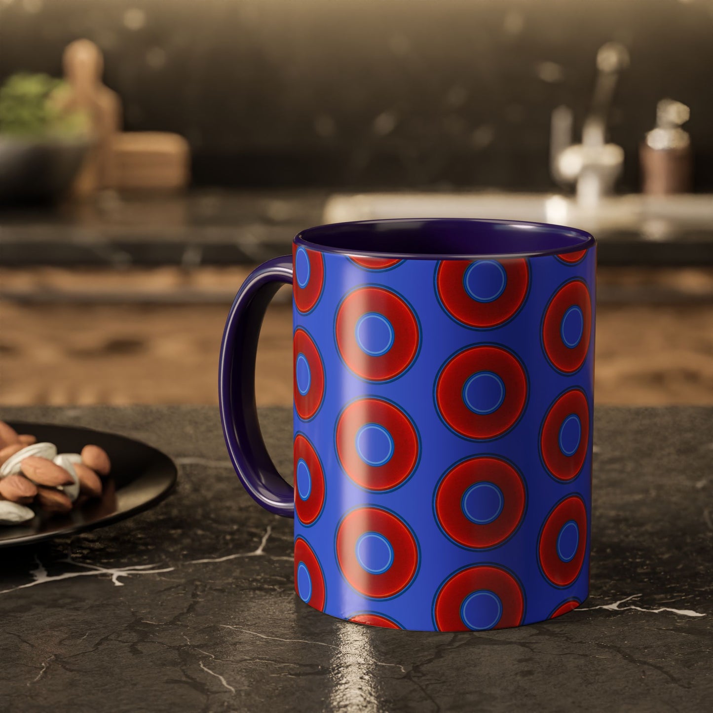 Lump's Grumpy Coffee Mug - vivid red donuts w/royal blue background