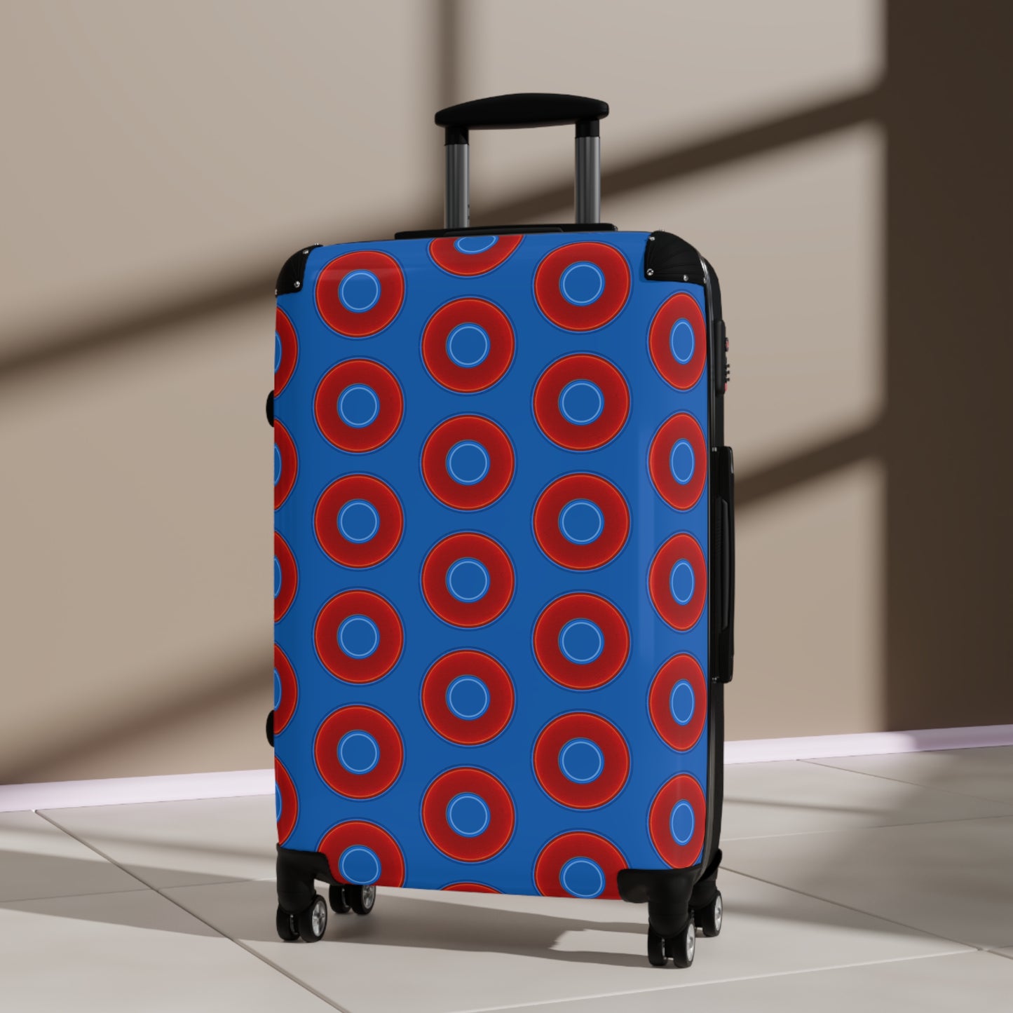 The Very Lumpy Donut Suitcase series - your choice of S, M or L - vivid red donut print w/dark royal blue background