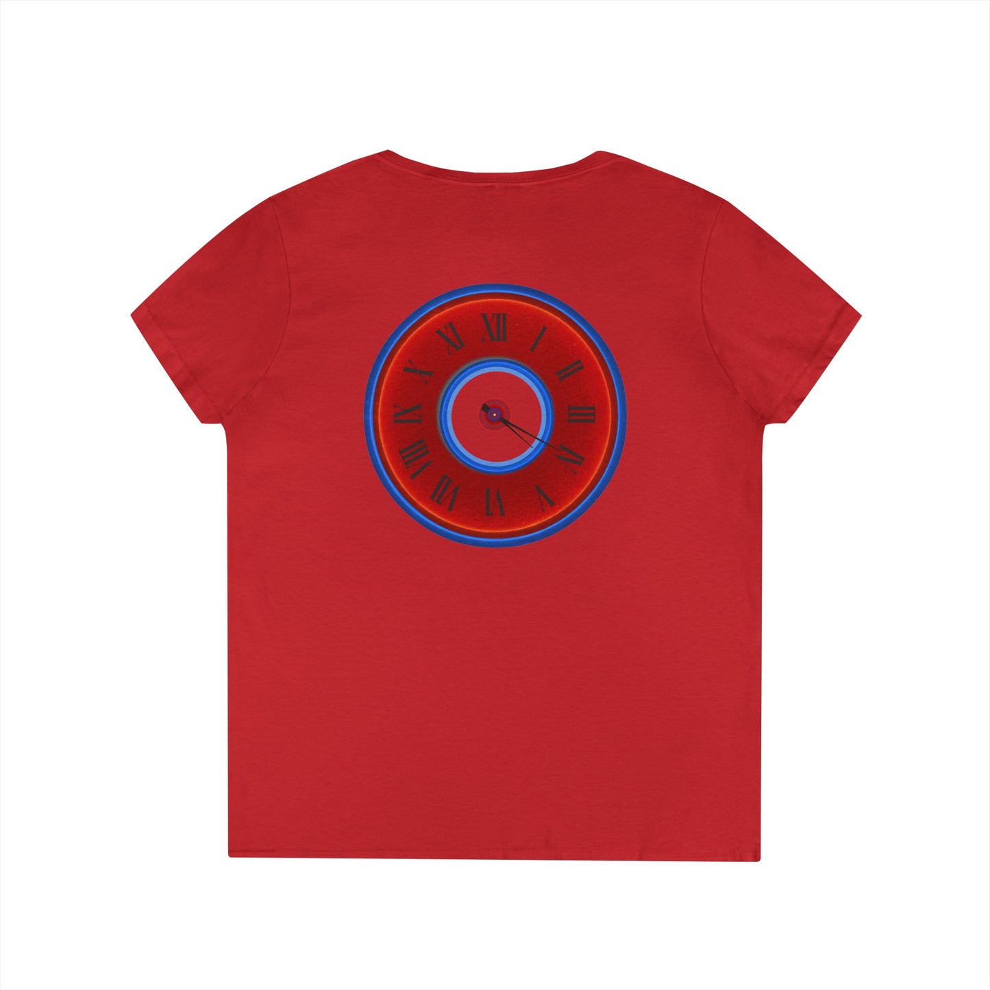 Women's Donut V-Neck Tee - "Time Treasurer's Donut Tee" - vivid red donut w/clock face