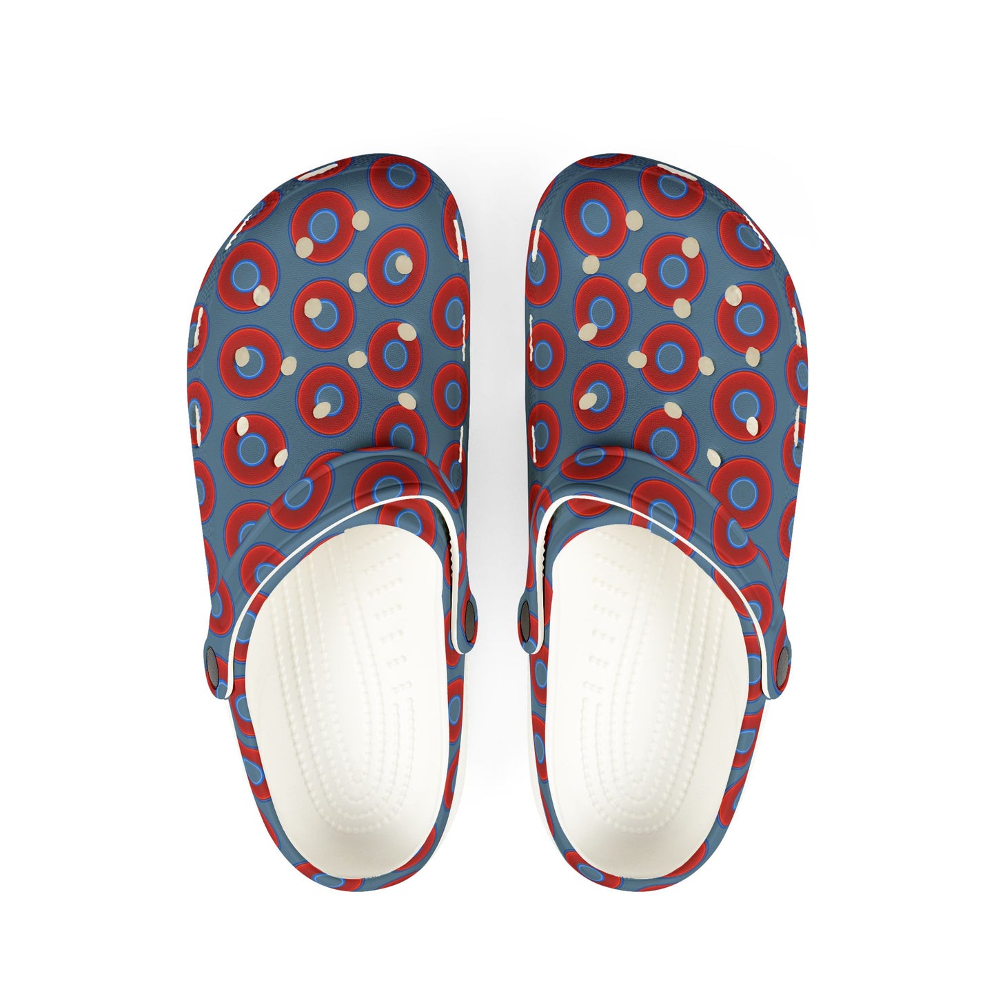 Spatchcocks - donut slip-on shoes - vivid red donuts w/steel blue background [unisex]