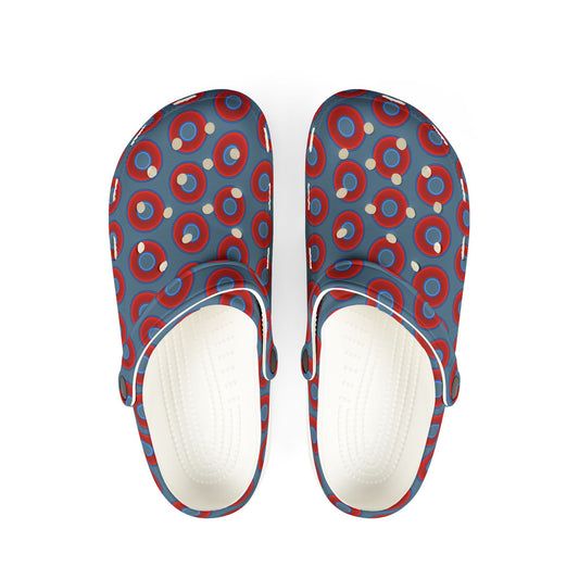 Spatchcocks - donut slip-on shoes - vivid red donuts w/steel blue background [unisex]