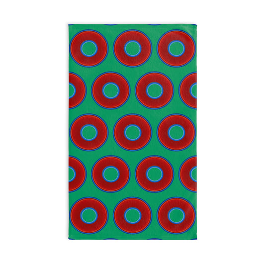 Lumpy Kitchen/Hand Towels - vivid red donuts w/jade green background