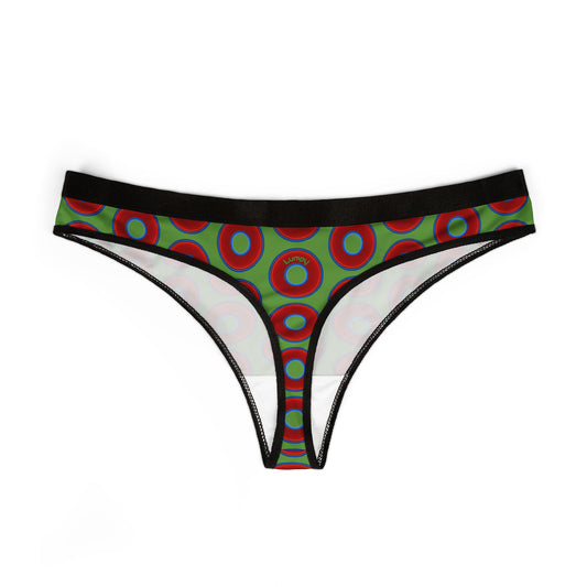 Lumpy Donut Thongs - red vivid donut print w/light green background