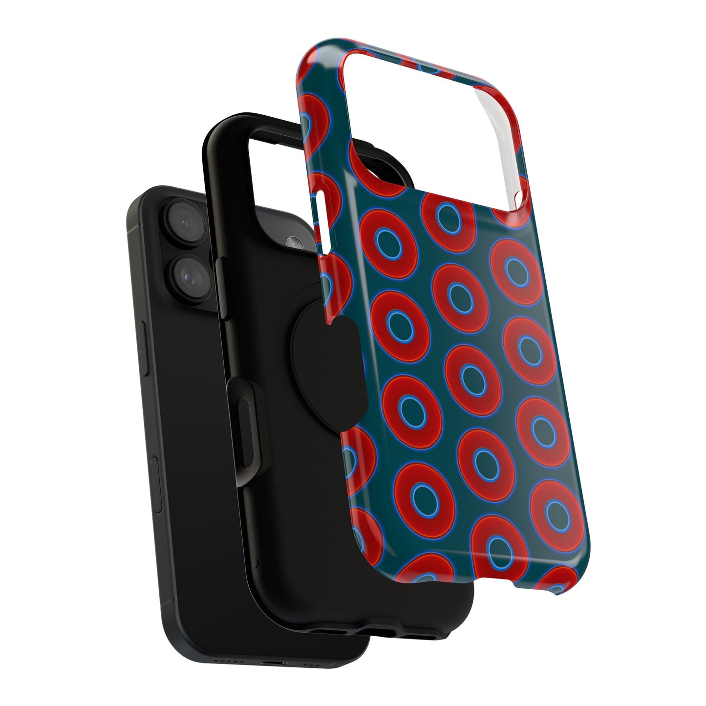 Impact-Resistant Lumpy Donut Case - red vivid donut print w/midnight green background