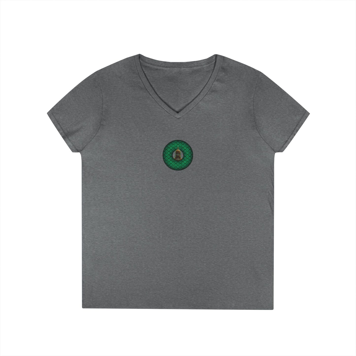 Women's Donut V-Neck Tee - "Save the Mondegreen City Hall Clock Tower" - variant 2 - green/green paradox donut w/