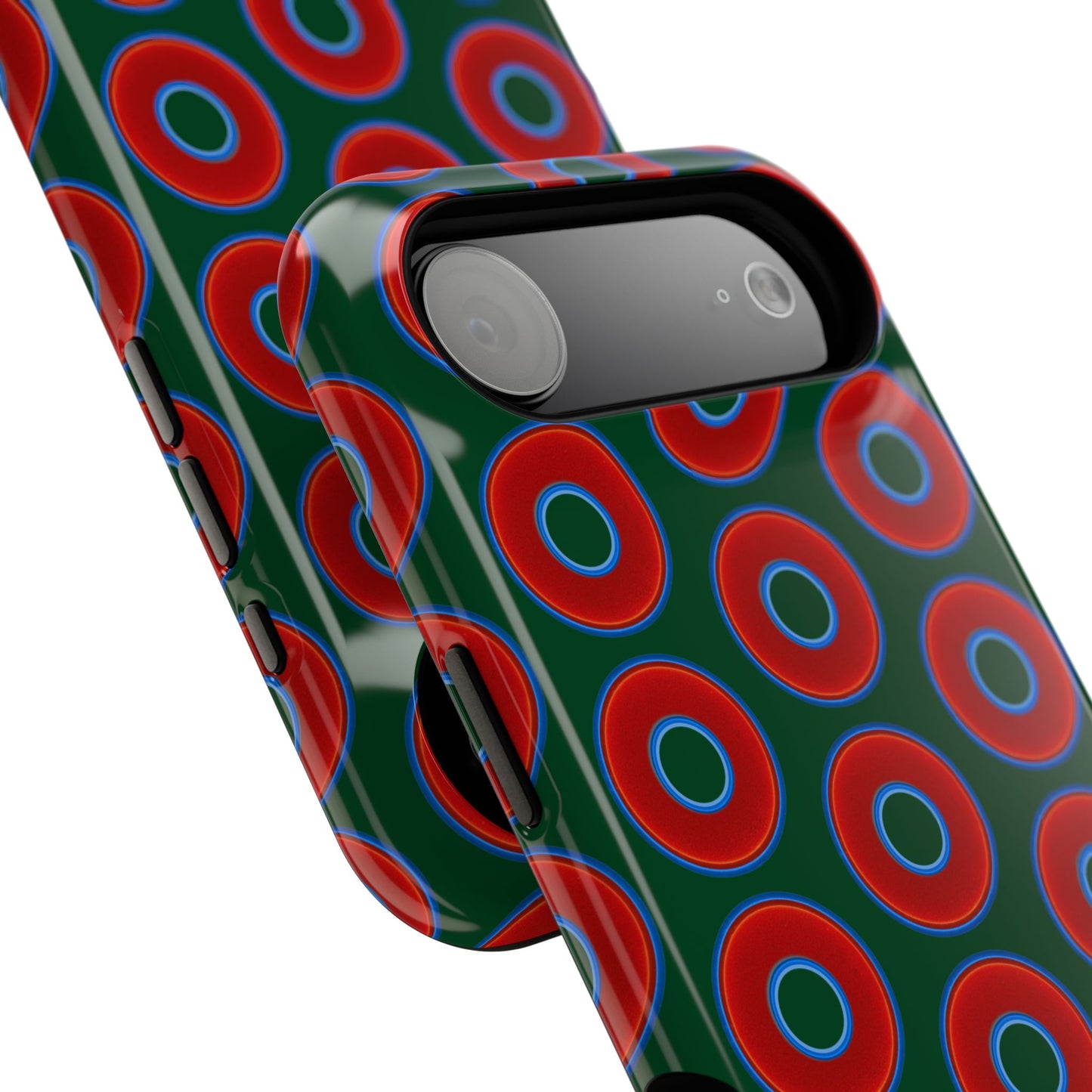 Impact-Resistant Lumpy Donut Case - red vivid donut print w/dark pond green background