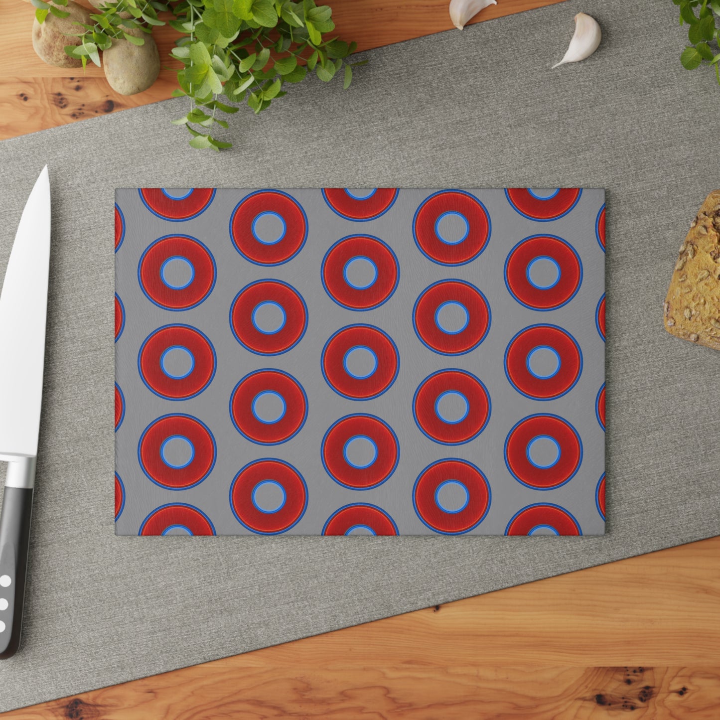 My Friend's Cutting Board - vivid red donuts w/gray background