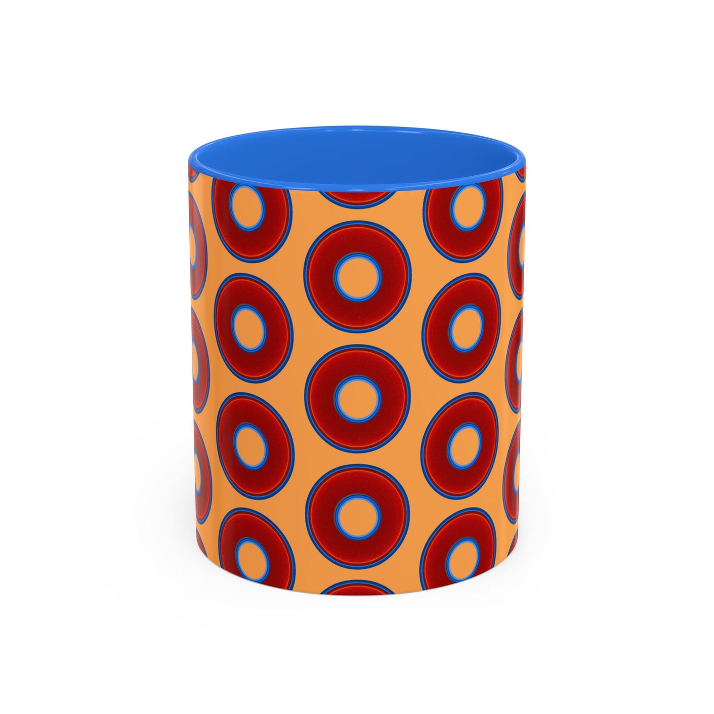 Lump's Grumpy Coffee Mug - vivid red donuts w/creamsicle orange background