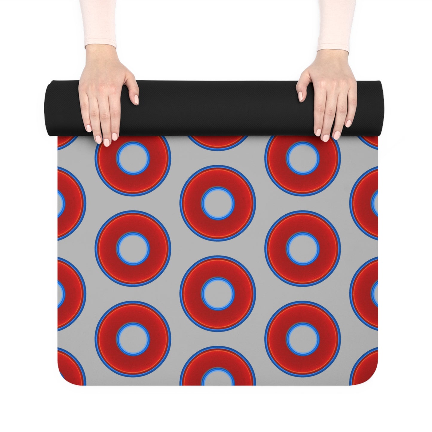 Lumpy Donut Yoga Mat :) - 24″ x 70" - vivid red donut print w/light gray background
