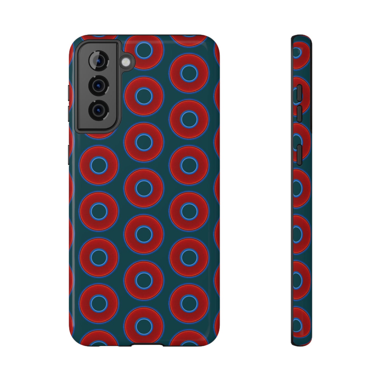Impact-Resistant Lumpy Donut Case - red vivid donut print w/midnight green background