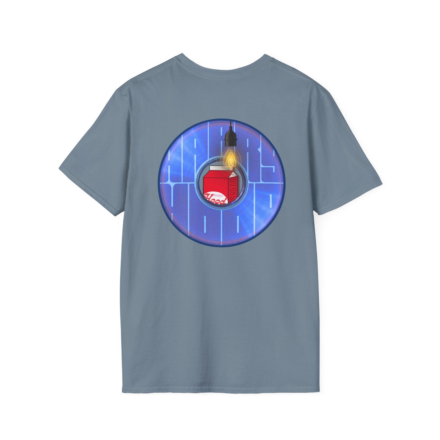 Classic Donut Tee - Unisex Soft-Style - "Harry Left His Shirt" - series 1.0  - variant 4 - purple/blue donut - w/light on