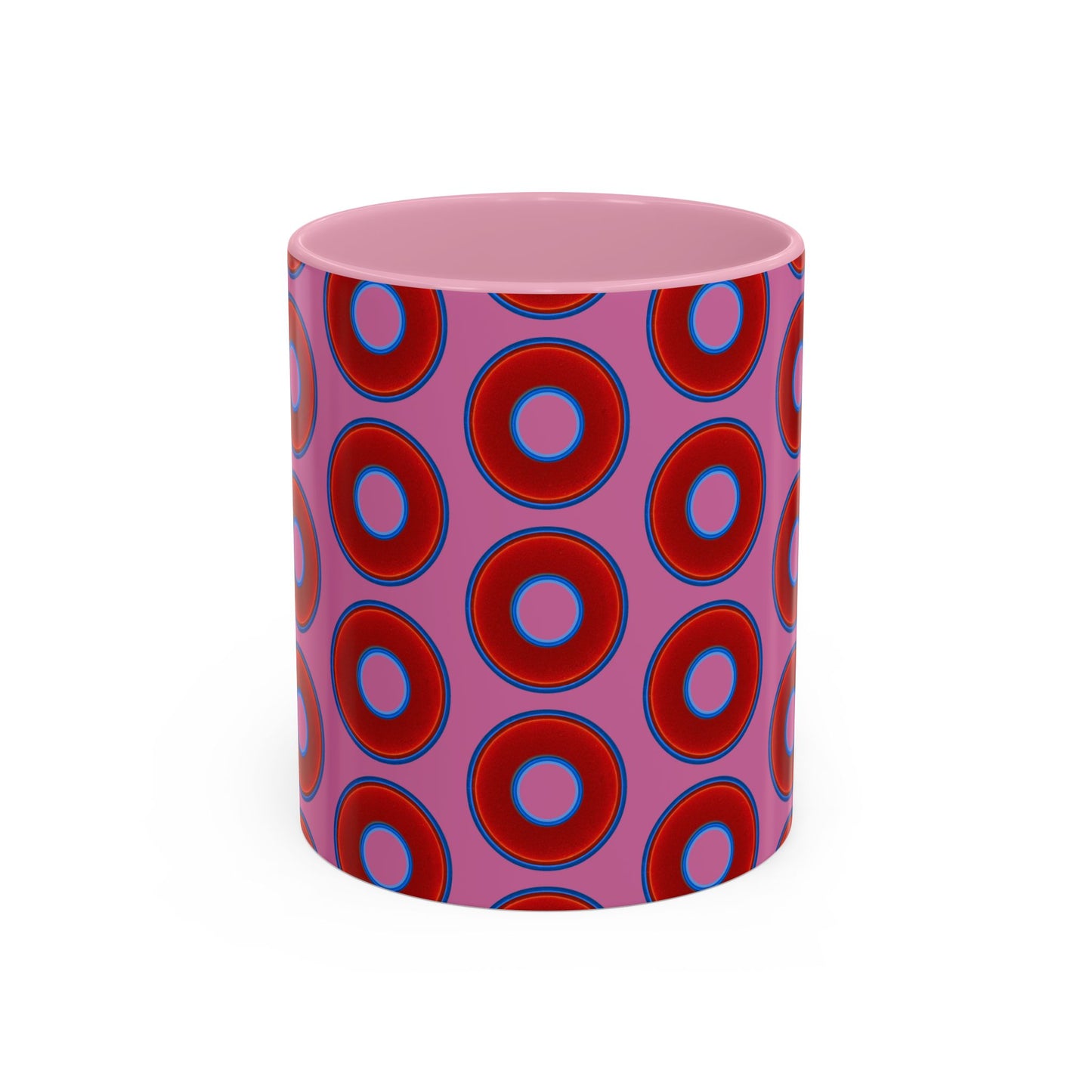Lump's Grumpy Coffee Mug - vivid red donuts w/pink background