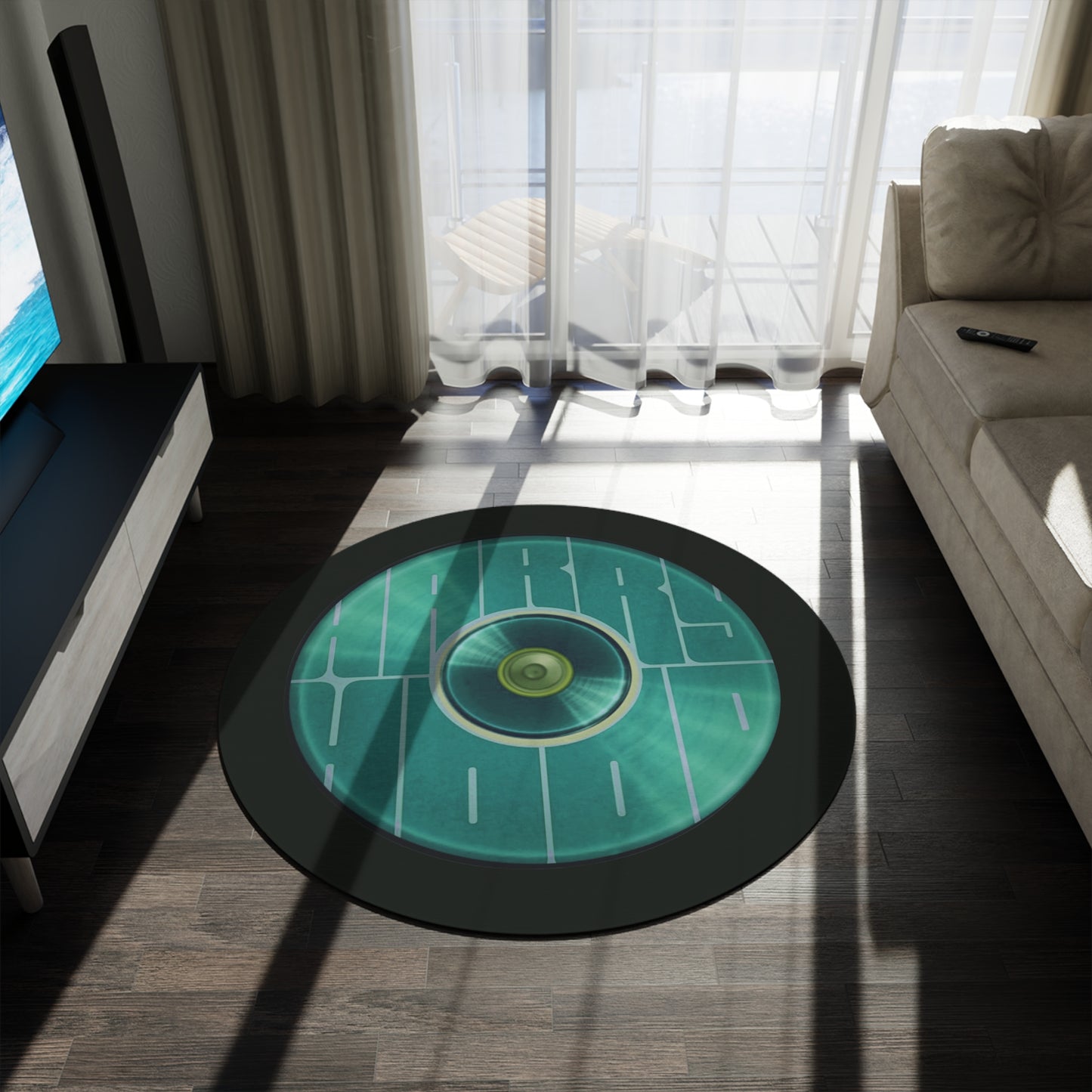 Round Room - 5 ft x 5 ft Lumpy Donut Rug - "Harry's Hoodlum Donut Rug" - vivid green word donut w/deep forest green background - variant 2