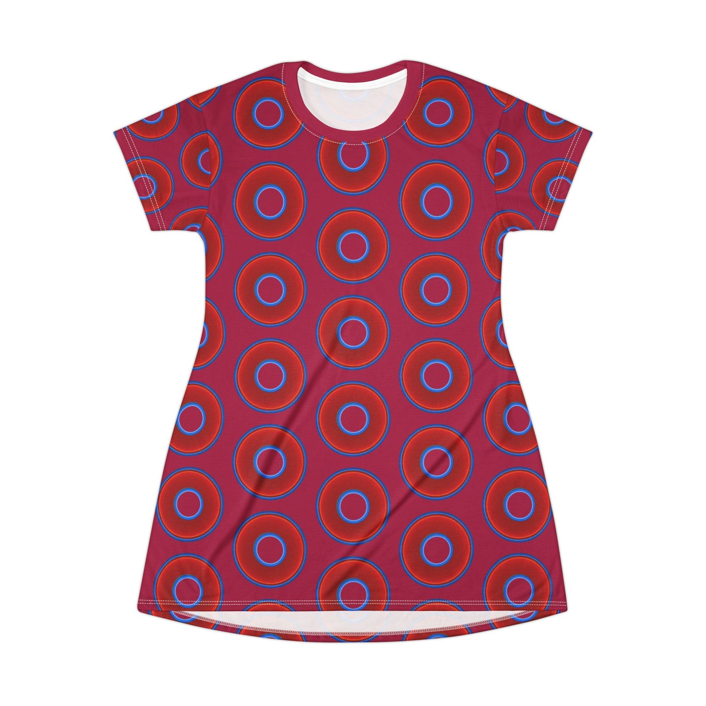 Not a Muumuu AOP Tee Shirt Dress - red vivid donuts w/dark magenta background