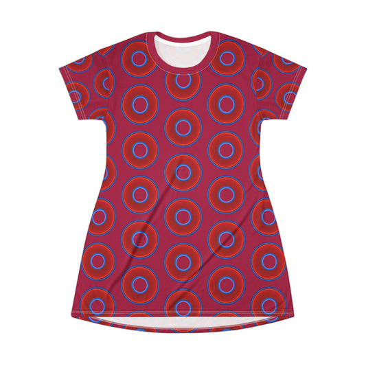 Not a Muumuu AOP Tee Shirt Dress - red vivid donuts w/dark magenta background