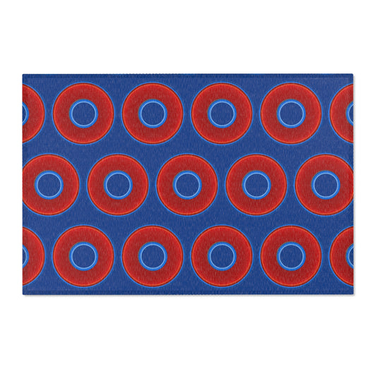 Lumpy Donut Print Rug - choice of 3 sizes - vivid red donut print w/dark blue background