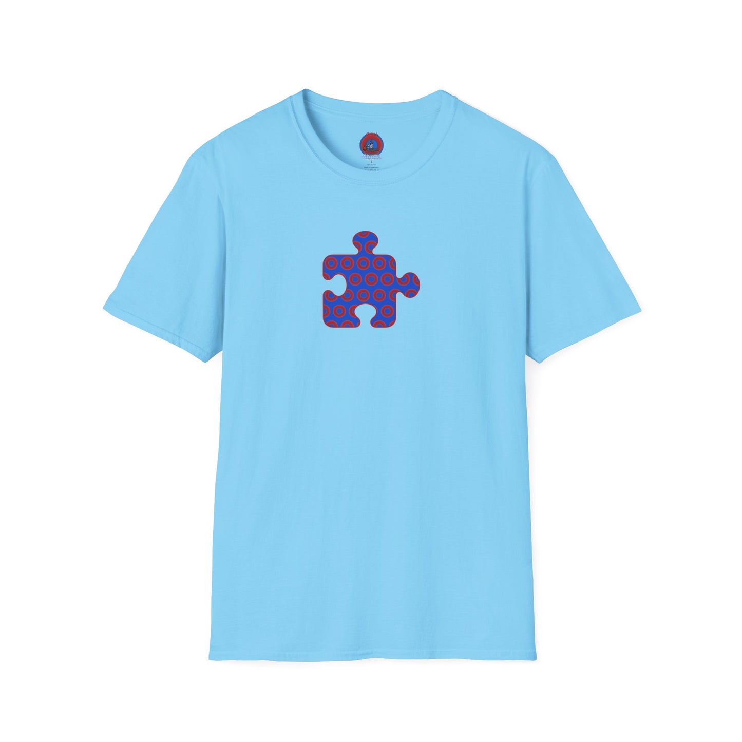 Classic Donut Tee - Unisex Soft-Style - "Trey's Completed Donut Pattern" - vivid red/blue puzzle pattern - variant 2