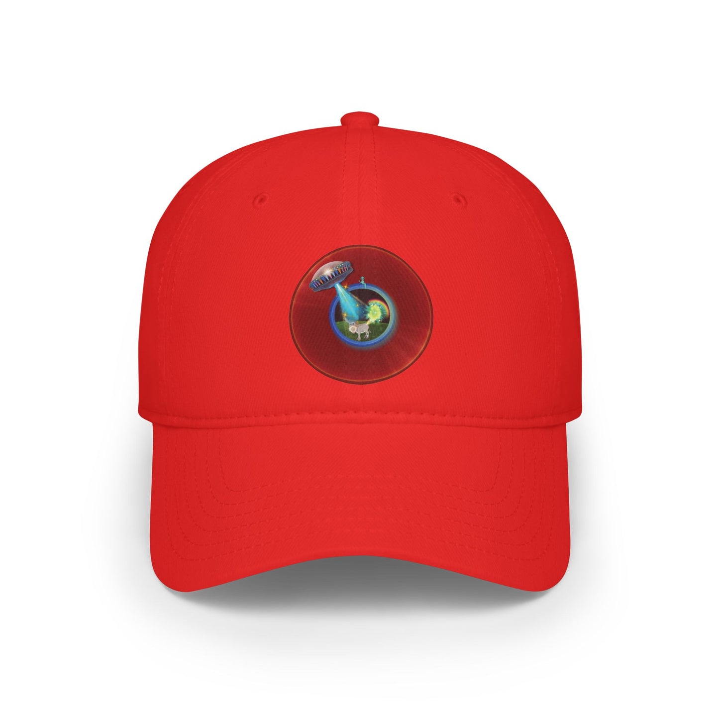 Lumpy Donut Baseball Cap - "Donut Caps? In Tomahawk County?" - variant 1 - vivid red donut w/