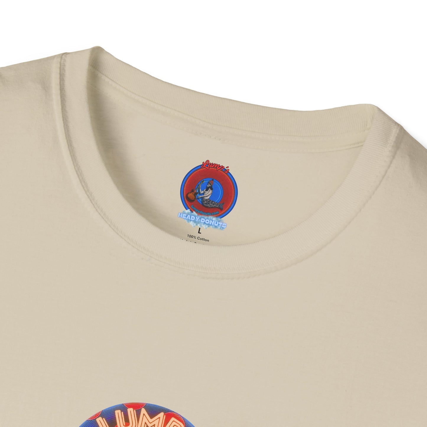 Coffee Traders Tee - Unisex Soft-Style - "Reba's Decaf: Coffee Grounds & Mud " - paradoxical donut - variant 2 - logo front/Reba back